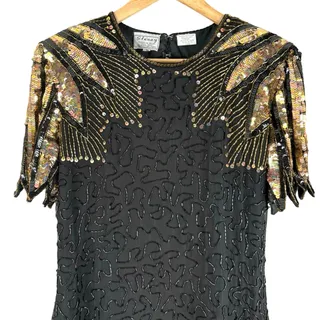 Photo of Vintage Stenay silk beaded sequin dress black gold cocktail party size 10