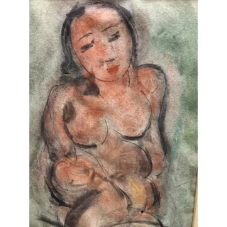 Photo of George Zachary Constant Nude on Green Watercolor Painting Vintage Brass Framed