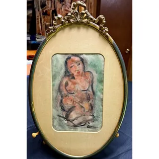 Photo of George Zachary Constant Nude on Green Watercolor Painting Vintage Brass Framed