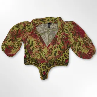 Photo of Bisou Bisou Womens Bodysuit XL Floral Green Career/Office NWOT