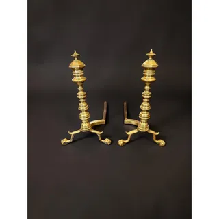 Photo of Antique Brass Andirons Pair-Chippendale-Beehive-Claw Foot-Fireplace Dogs-Federal
