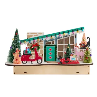 Photo of Mid Century Christmas Village Laser Cut Wood Scooter House LED Light Up Decor