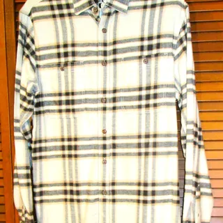 Photo of Old Navy Men's Large Plaid Flannel Shirt Size L Gray Tan Cream Brushed Cotton