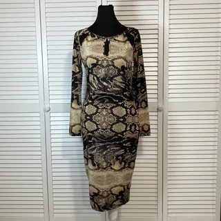 Photo of Venus Whimsigoth Y2K Tan Snakeskin Print Keyhole Neckline Bodycon Midi Dress S