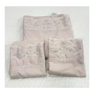 Photo of VINTAGE Cannon Comfortcale 250 Queen Flat Sheet & 2 Pillowcases Pink Eyelet Lace