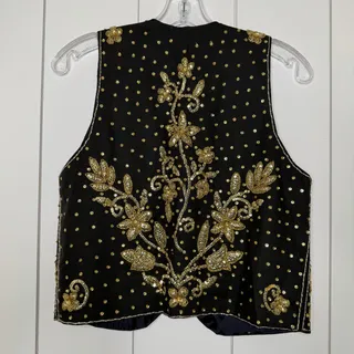 Photo of Handmade Black Gold Beaded Vest Sequin Open Front Boho Festival Artisan XS S