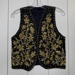 Photo of Handmade Black Gold Beaded Vest Sequin Open Front Boho Festival Artisan XS S