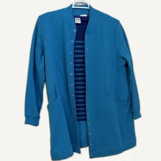 Photo of Bedford Fair XL Navy Teal Striped Top & Solid Teal Button Coat 2-Piece Set