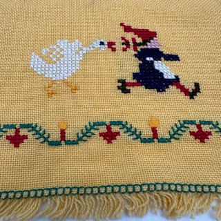 Photo of Vintage Fingertip Towel Cross Stitch Christmas Yellow Dutch Girls Geese Tree