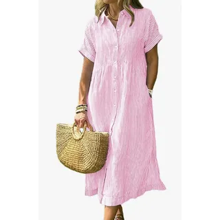 Photo of Summer Striped Midi Long Shirt Dress Casual Loose Short Sleeve Button Down Dress