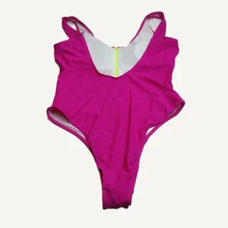Photo of Hot Pink One Piece Swimsuit Women's L - Neon Yellow Zipper Detail NWOT