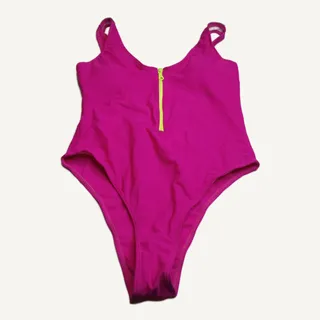 Photo of Hot Pink One Piece Swimsuit Women's L - Neon Yellow Zipper Detail NWOT