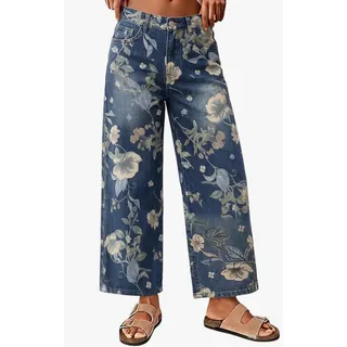 Photo of Floral Print Mid Rise Cropped Jeans Wide Leg Baggy Ankle Denim Pants w/Pockets