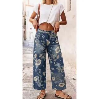 Photo of Floral Print Mid Rise Cropped Jeans Wide Leg Baggy Ankle Denim Pants w/Pockets