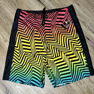 Photo of VTG Joe Boxer Men 32 Board Shorts Rainbow ZigZag Neon Swim Trunks Deadstock Y2K