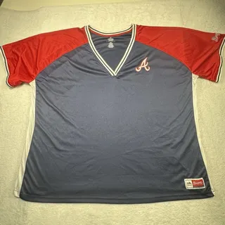 Photo of Vtg Majestic Atlanta Braves Baseball Cool Base BP Jersey Mens 4XL 4X V-Neck Blue
