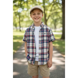 Photo of Ralph Lauren Boys Blue/Red Plaid Short Sleeve Button-Down Shirt – Size 4


