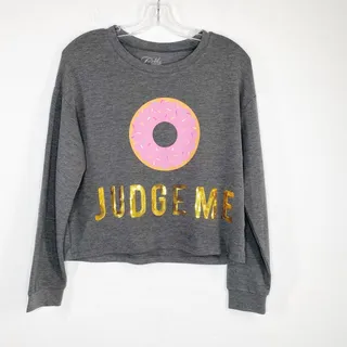 Photo of Cold Crush Donut Judge Me Sequin Gray Cropped Sweatshirt XS NWT Athleisure Chic