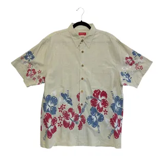 Photo of Unionbay Cotton Short Sleeve Hawaiian Shirt Vintage Men's Sz L Beige 90s Y2K