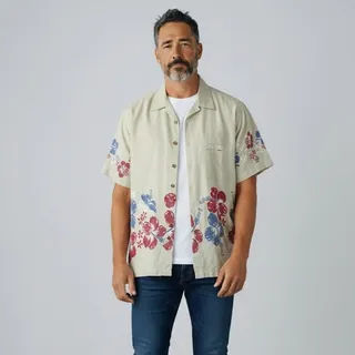 Photo of Unionbay Cotton Short Sleeve Hawaiian Shirt Vintage Men's Sz L Beige 90s Y2K