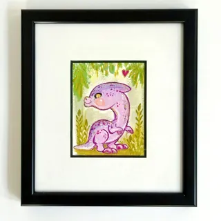 Photo of Original Framed Purple Kawaii Dinosaur Painting | Fantasy Kids Room Wall Art