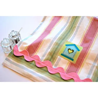 Photo of Pink Striped Birdhouse Tea Towel, Handmade Spring Themed Dishcloth for Kitchen