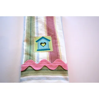 Photo of Pink Striped Birdhouse Tea Towel, Handmade Spring Themed Dishcloth for Kitchen