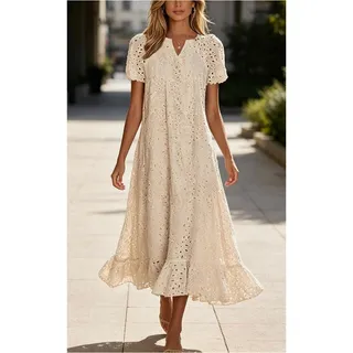 Photo of Summer Ruffle Hem Floral Lace Eyelet Dress Casual Notch Neck Midi Tunic Dress