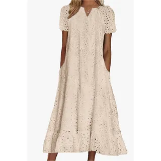 Photo of Summer Ruffle Hem Floral Lace Eyelet Dress Casual Notch Neck Midi Tunic Dress