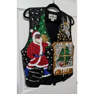 Photo of VTG 90s Bali Gem Sequin Beaded Christmas Vest Medium Black Santa Angel Ugly Xmas