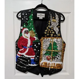 Photo of VTG 90s Bali Gem Sequin Beaded Christmas Vest Medium Black Santa Angel Ugly Xmas