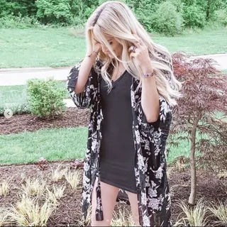 Photo of Spiritual Gangster Black White Floral Longline Front Tie Kimono OS Cover-up