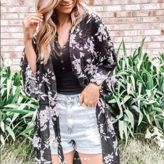 Photo of Spiritual Gangster Black White Floral Longline Front Tie Kimono OS Cover-up