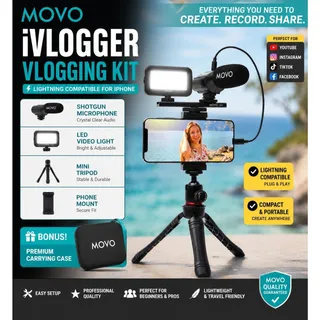 Photo of iVlogger Kit, iPhone Compatible Accessories LED Light Shotgun Microphone by Movo