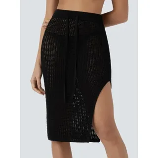 Photo of Halara Mesh Crochet Open Knit Midi Skirt Drawstring Size M Black Resort Coverup