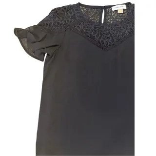 Photo of Calvin Klein Women's Black Lace Neck Sheer Short Sleeve Petite Blouse XS NWOT