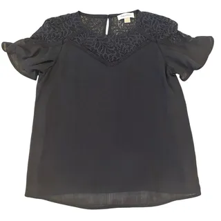 Photo of Calvin Klein Women's Black Lace Neck Sheer Short Sleeve Petite Blouse XS NWOT