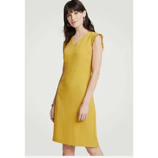 Photo of Ann Taylor Women's Mustard Yellow Ruffle Sleeve V Neck Sheath Dress 00P NWOT