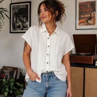 Photo of J.Jill Linen Button Front Blouse Large Cottagecore Coastal Casual Boho Summer