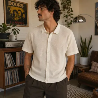 Photo of Banana Republic Cream Knit Polo Shirt XL Quiet Luxury Classic Casual Preppy