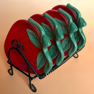 Photo of Vintage 2003 Tender Heart Treasures Strawberry Mini Plates Set of 4 w Rack