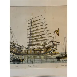 Photo of Antique Louis Le Breton Jonque Chinoise Hand Colored Maritime Lithograph Framed