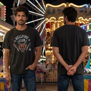 Photo of Stranger Things Hellfire Club Shirt Black Distressed Graphic Tee Mens XL 46