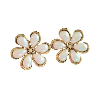 Photo of Vintage Crown Trifari 50s 60s Milk Glass Flower Earrings Clip On