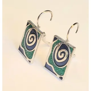 Photo of Silver Enamel Artisan Earrings Mardi Gras Lever Pierced Boho