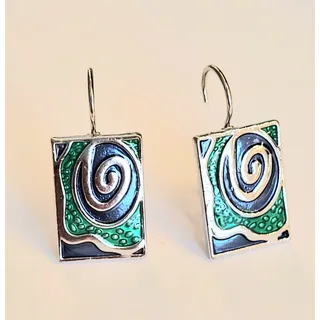 Photo of Silver Enamel Artisan Earrings Mardi Gras Lever Pierced Boho