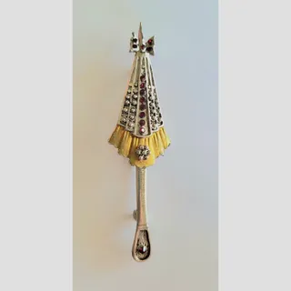 Photo of Vintage Umbrella Brooch Pin Silver Red Clear Rhinestones Whimsical