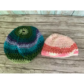 Photo of Handmade Crochet Beanie Hat Duo - Pink & Multicolor Slouchy Knit Winter Caps