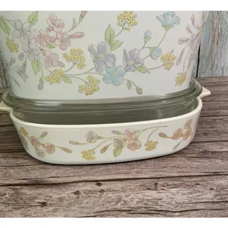 Photo of Vintage CorningWare Floral Bouquet Casserole Dish Set Glass Lids Floral Basket