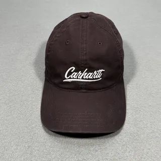 Photo of Carhartt Script Logo Canvas Baseball Cap Maroon Brown Adjustable Hat Unisex